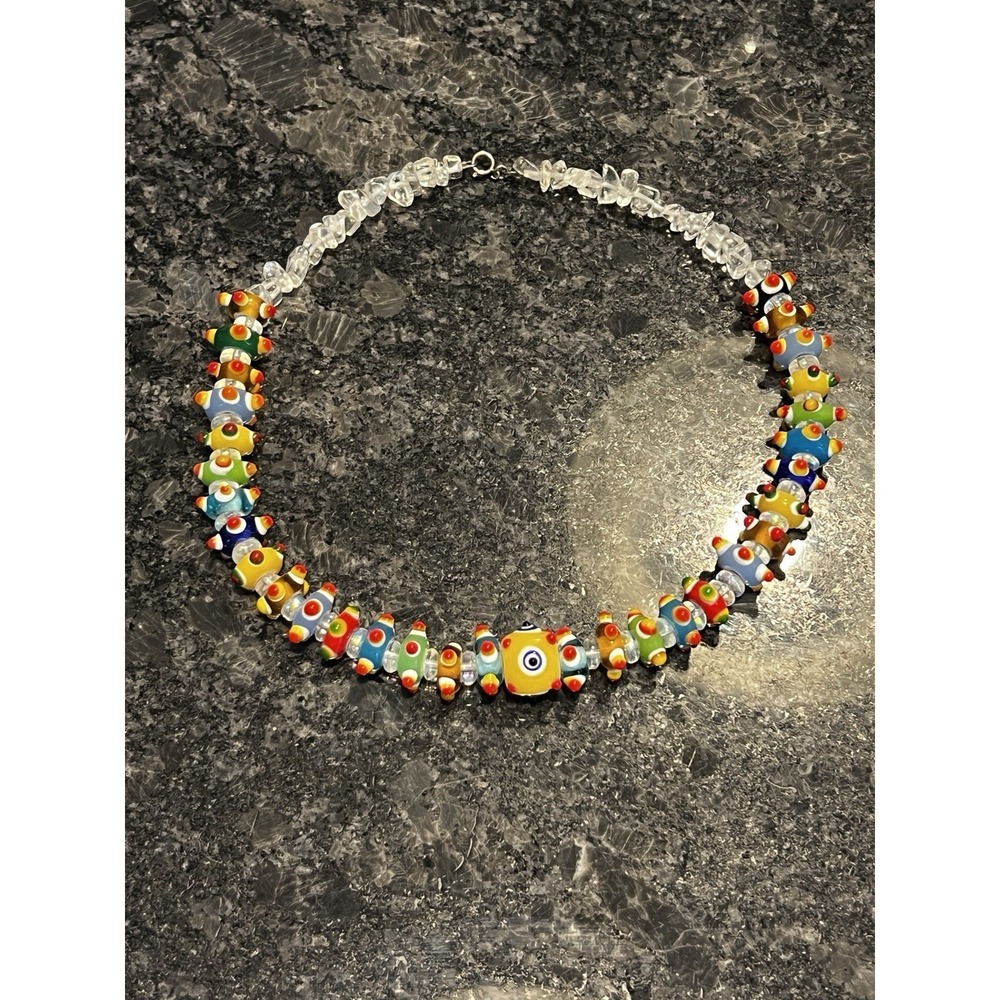 Vtg Handmade Lampwork Glass Bead Necklace Millefiori Whimsical Y2K Boho Festival